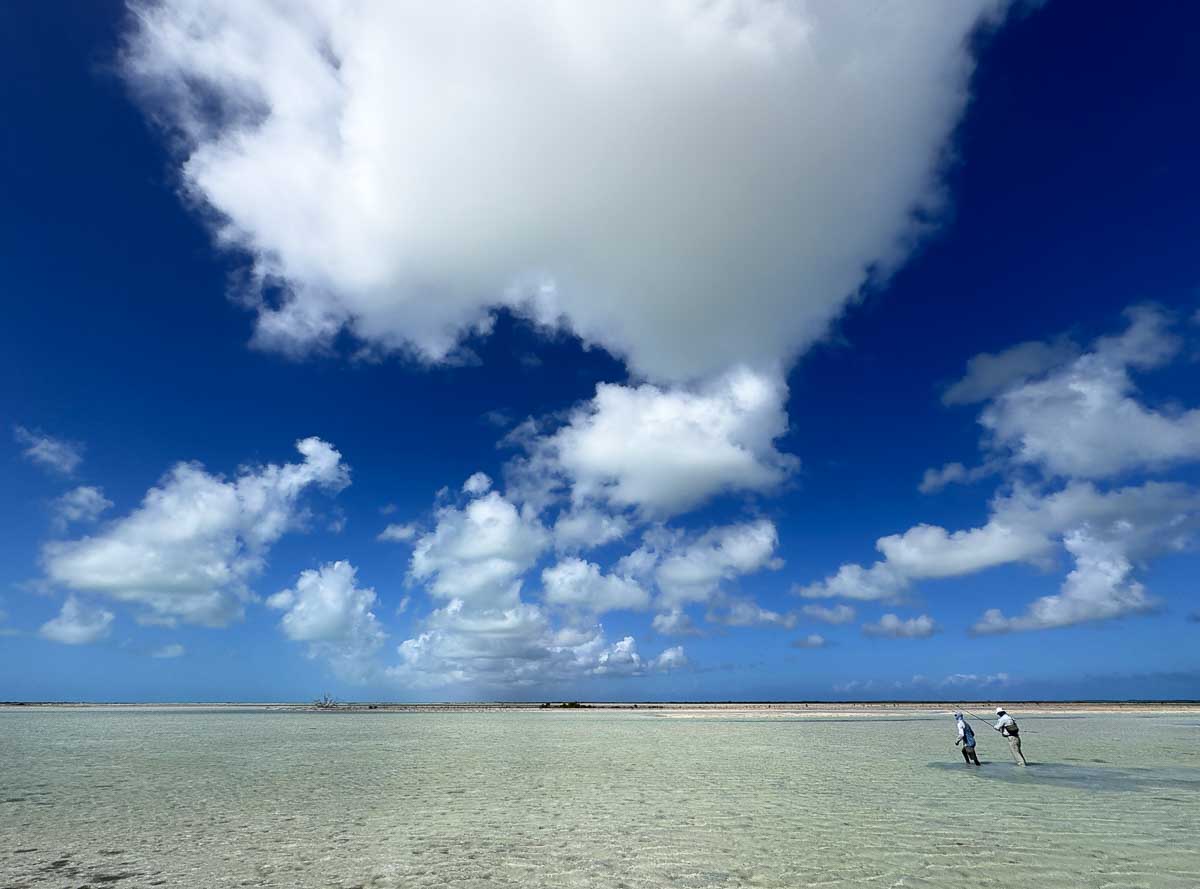 Blue sky over ocean flats with two men fly fishing