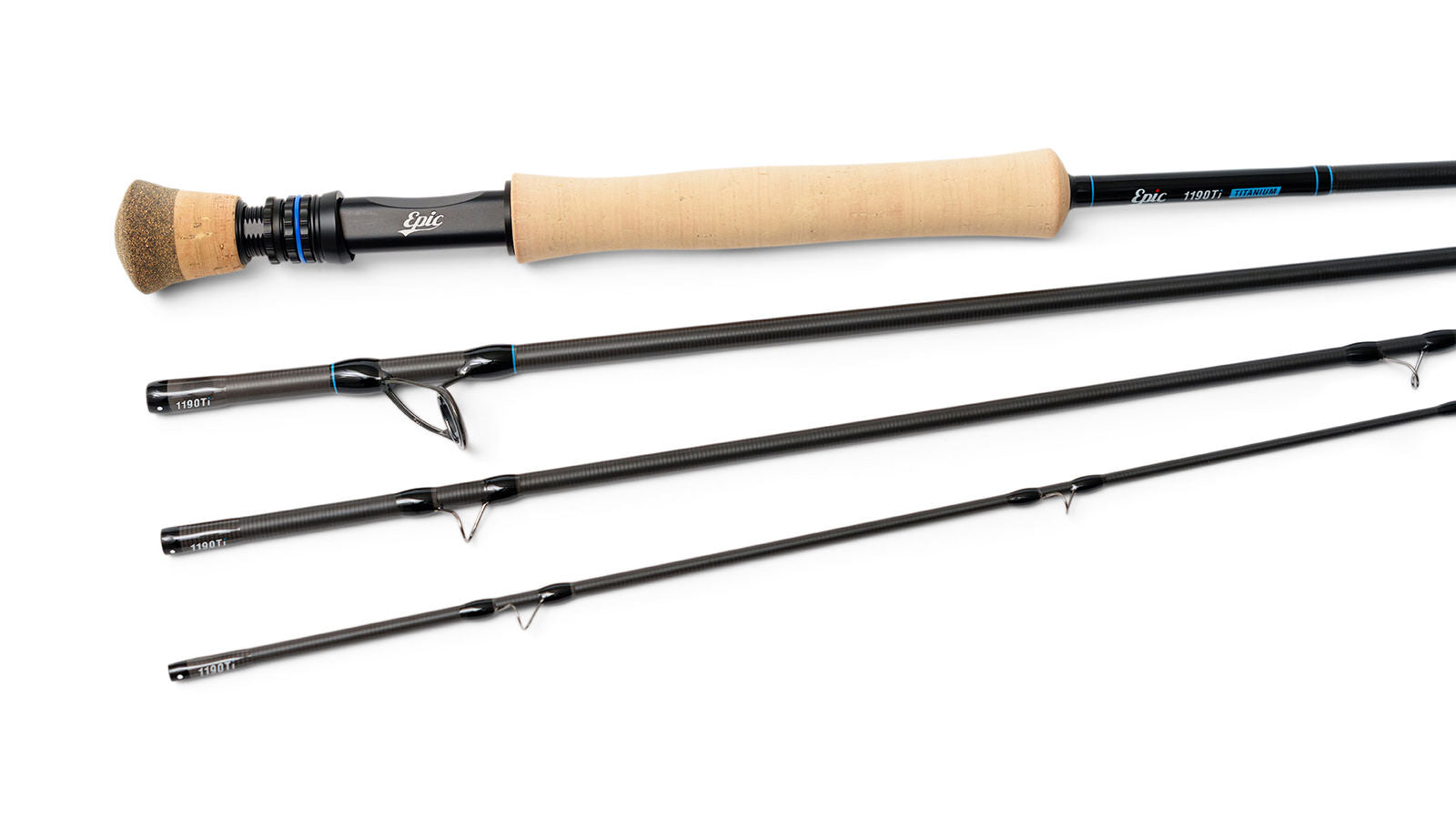 Butt section of an epic titanium fly rod featuring cork handle