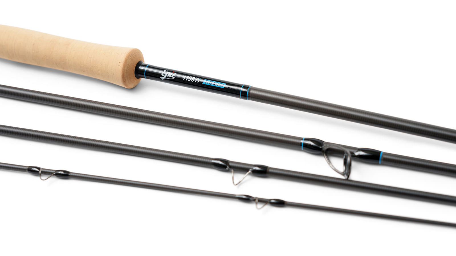 Titanium Fly Fishing rod with four sections on a white background