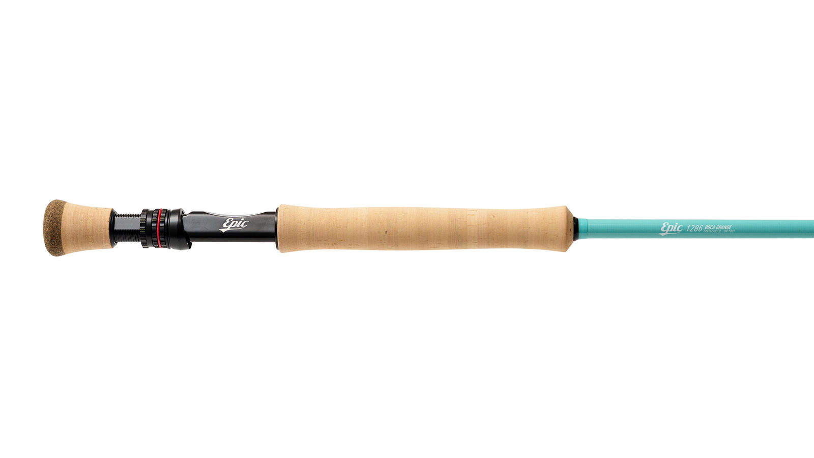 Epic fly rod with quality cork handle on a white background