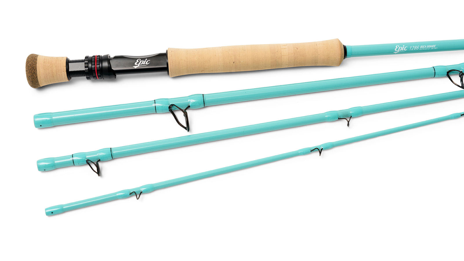 Fly fishing rod with light blue finish and high quality cork handle on a white background
