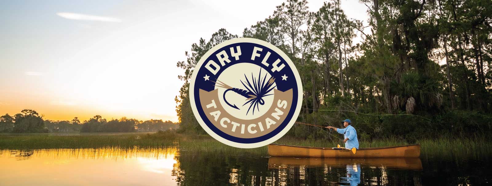 Man fly fishing from a kayak on a lake with a logo overlay