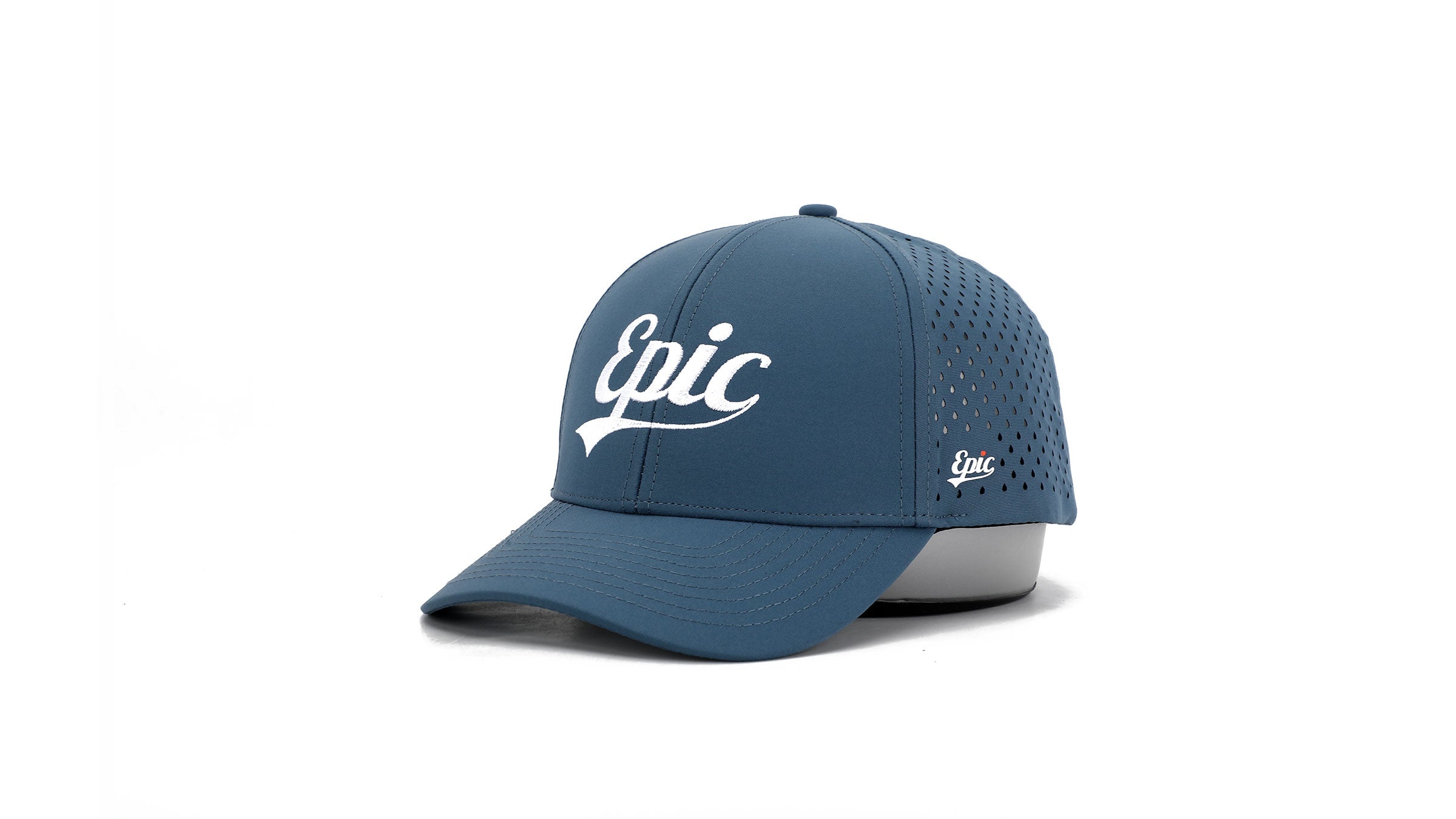 Side view of Blue trucker cap with 'epic' logo