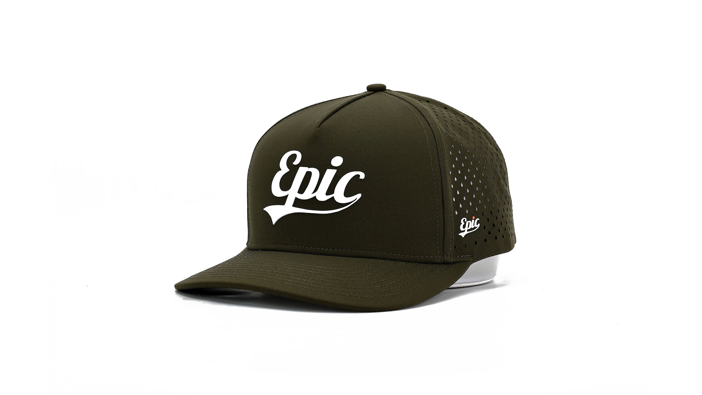 Side view of olive green cap with 'Epic' logo