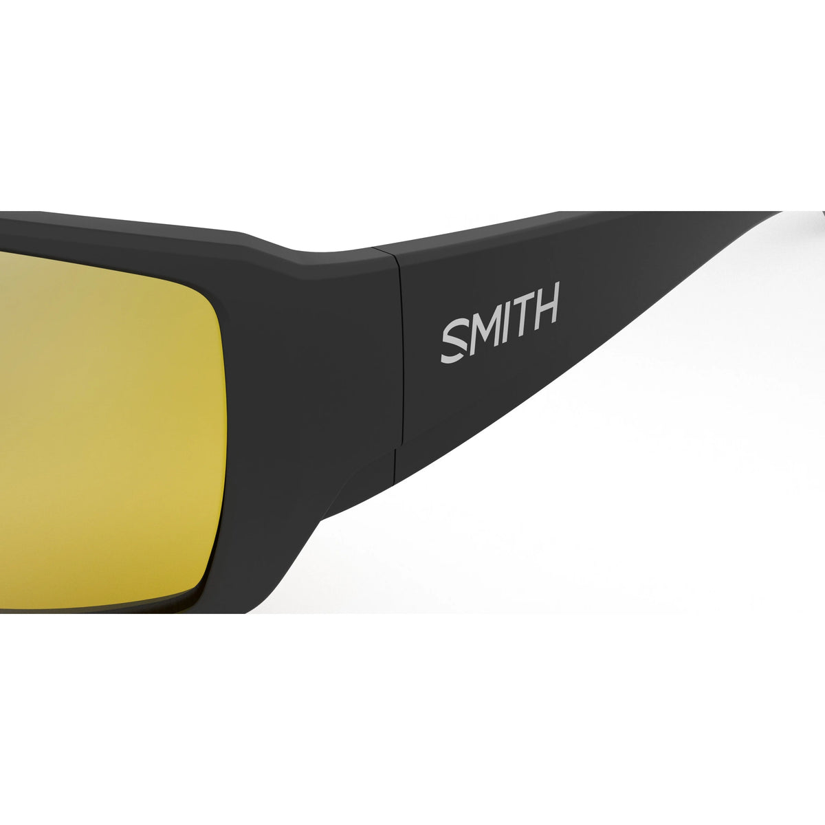 Smith Guides Choice XL sunglasses with low light yellow lenses tightly cropped view of 'SMITH' logo printed on the arm