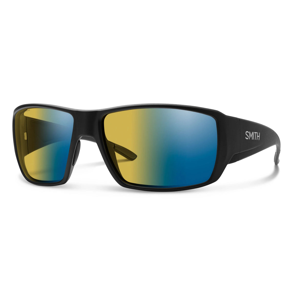 Smith guides choice matte balck chromapop glass polarchromic sunglasses angled view from front on white background