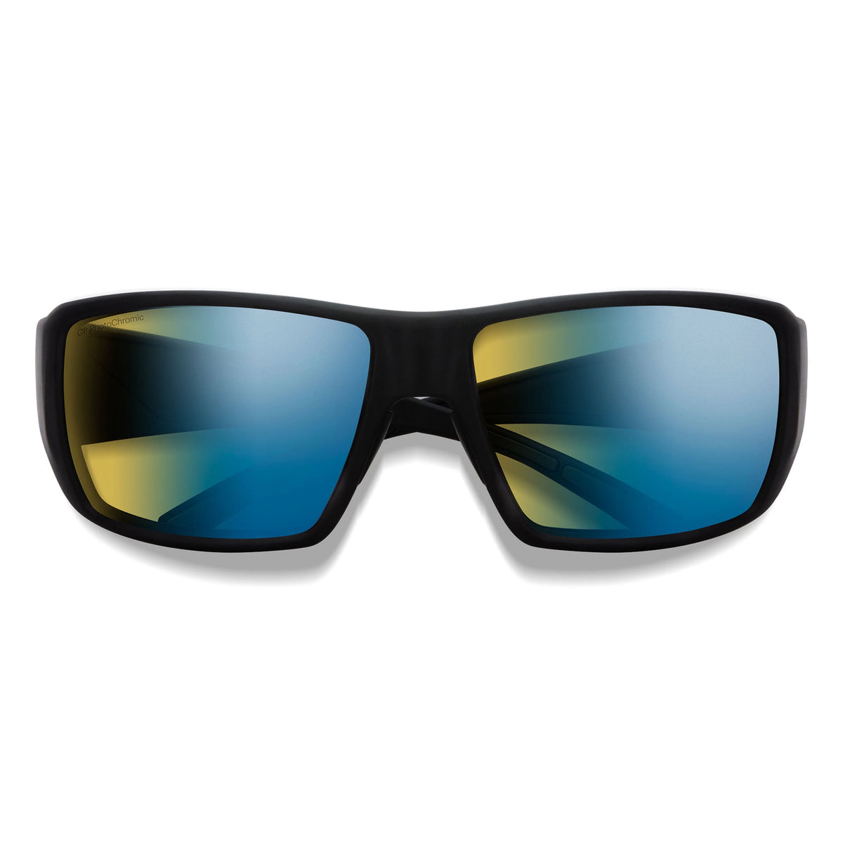 Smith guides choice matte balck chromapop glass polarchromic sunglasses with yellow blue mirror lenses front view