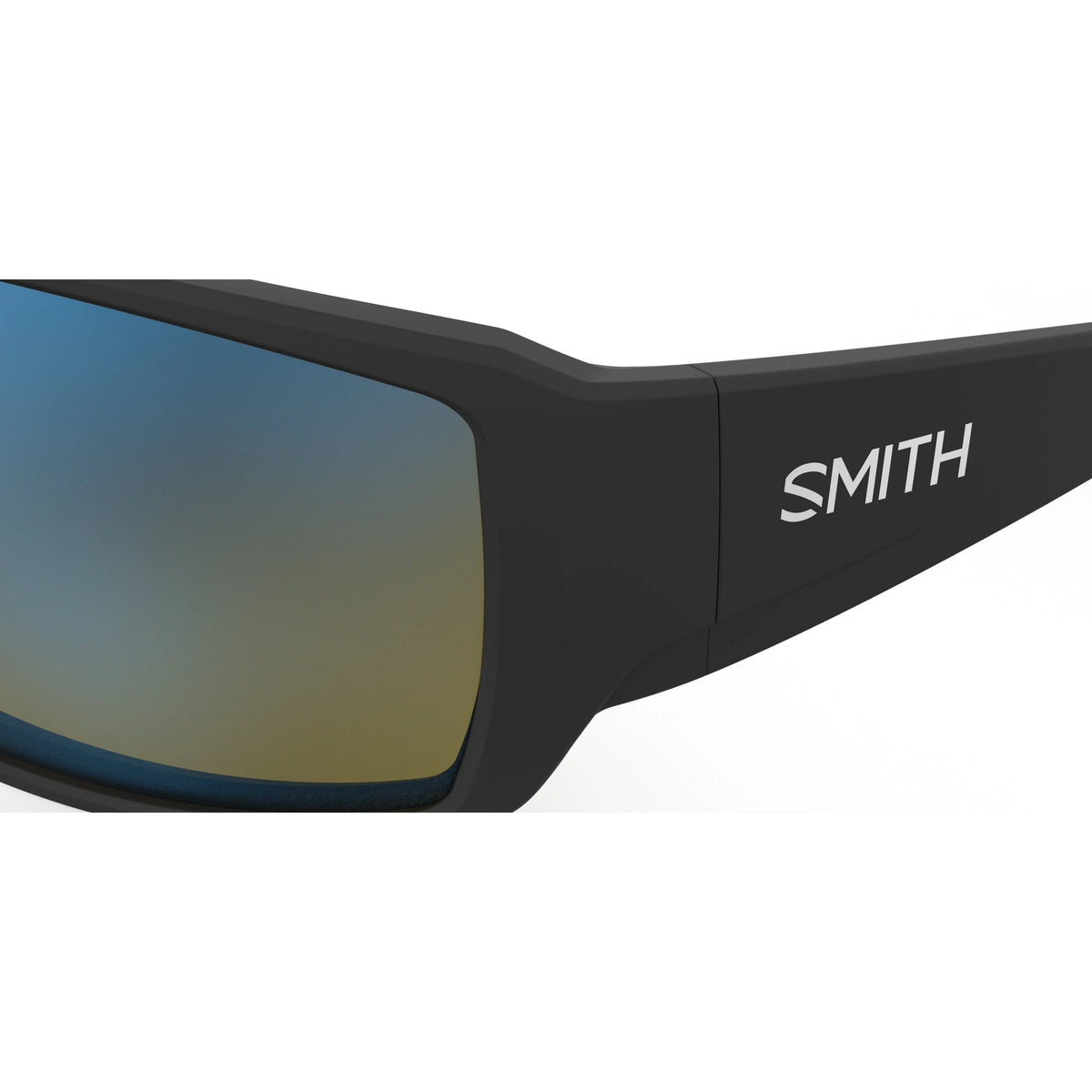 Close-up of matte black sunglasses with a blue-to-yellow mirrored lens and the white Smith logo on the glasses arm, shown against a white background.