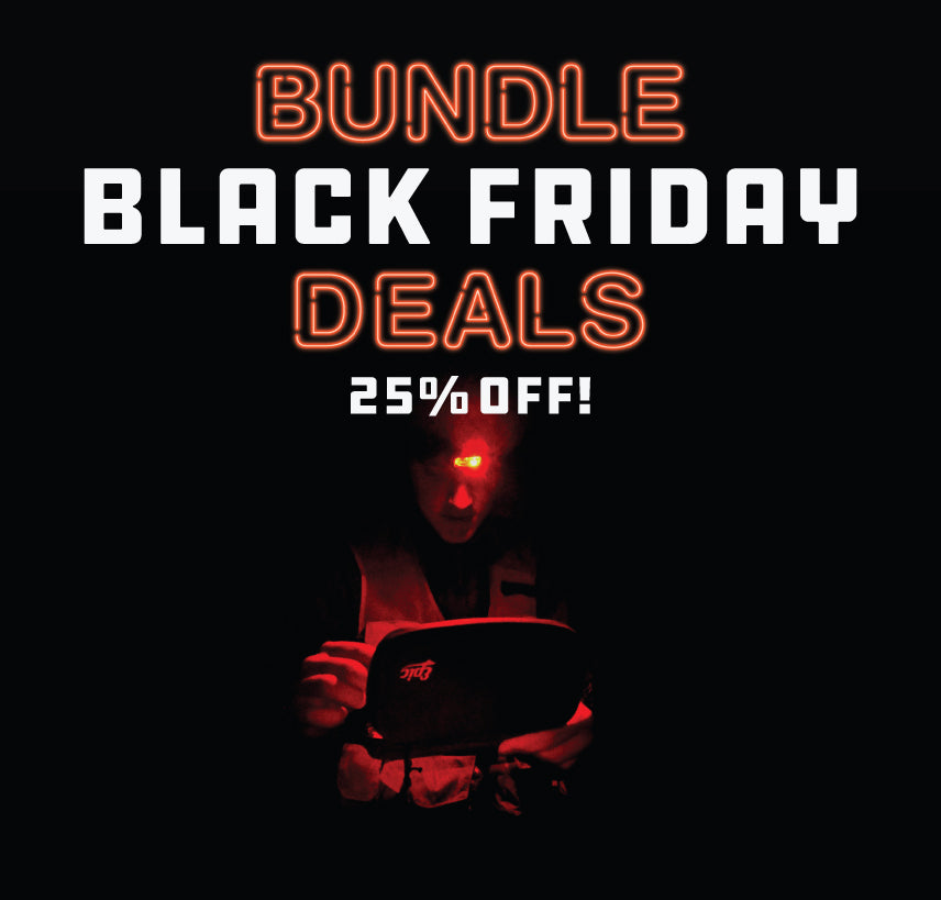 Black Friday promotional graphic with a person holding a fly box and neon text on a black background.