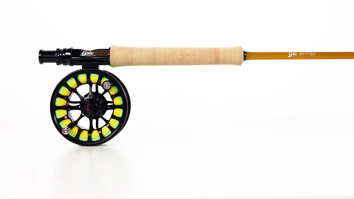 Epic 5 weight 580 Reference fiberglass fly rod and backcountry reel with FLOR cork grip