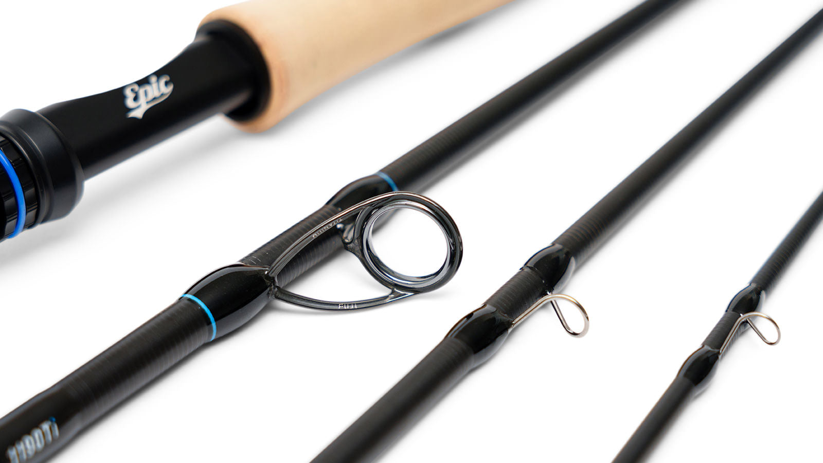 Epic Fly rod with cork handle and titanium stripping guide on a white background