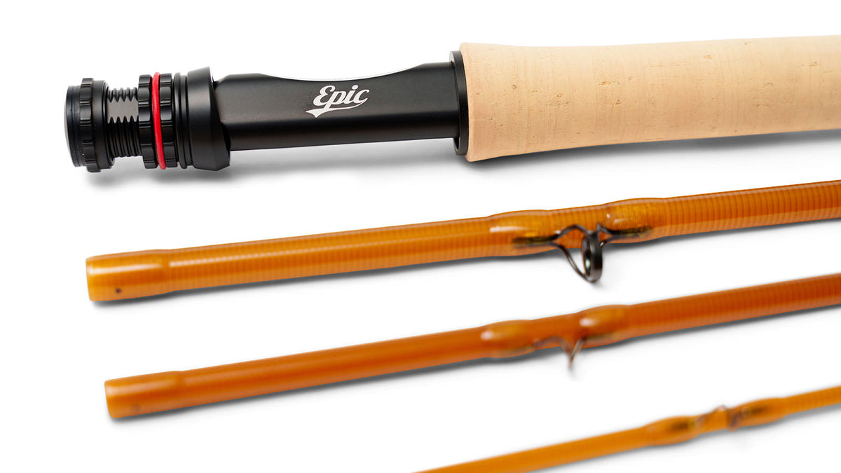 Close-up of Epic 476 4 weight fly rod fly fishing rod with black reel seat high quality cork grip and translucent silk guide wraps.