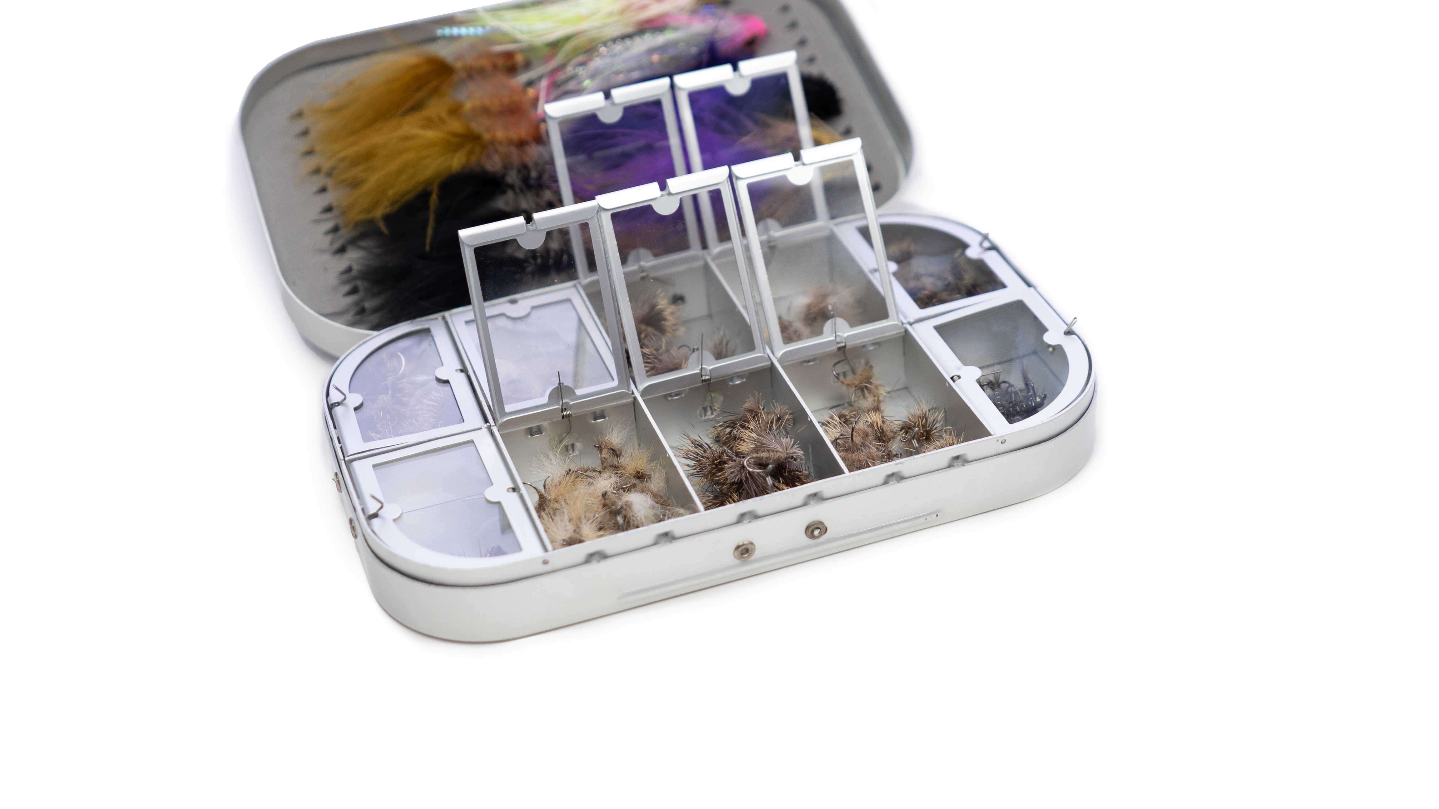 Aluminum aluminium fly box for dry flies for fly fisihing