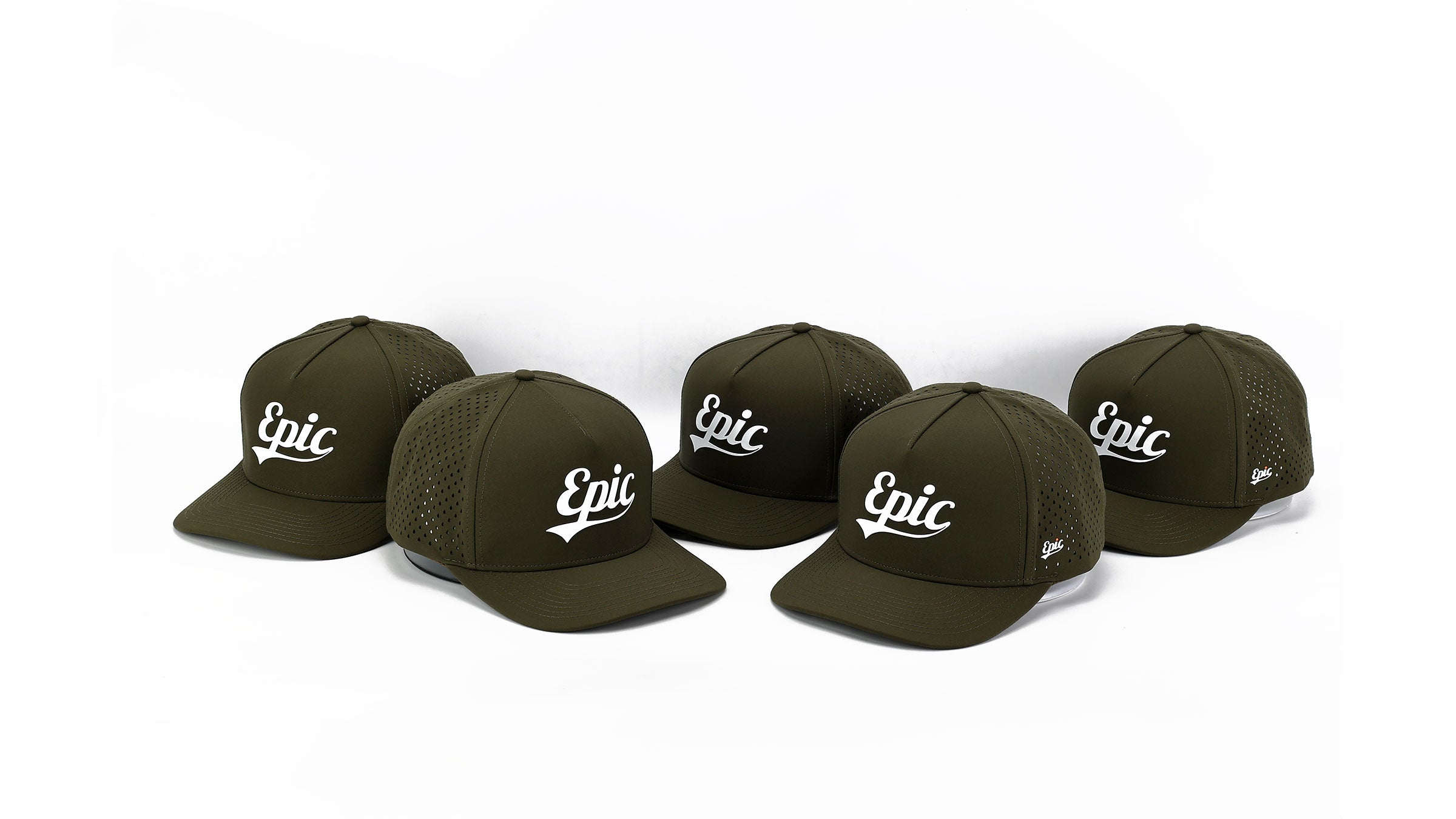 Olive green caps with 'Epic' logo on a white background