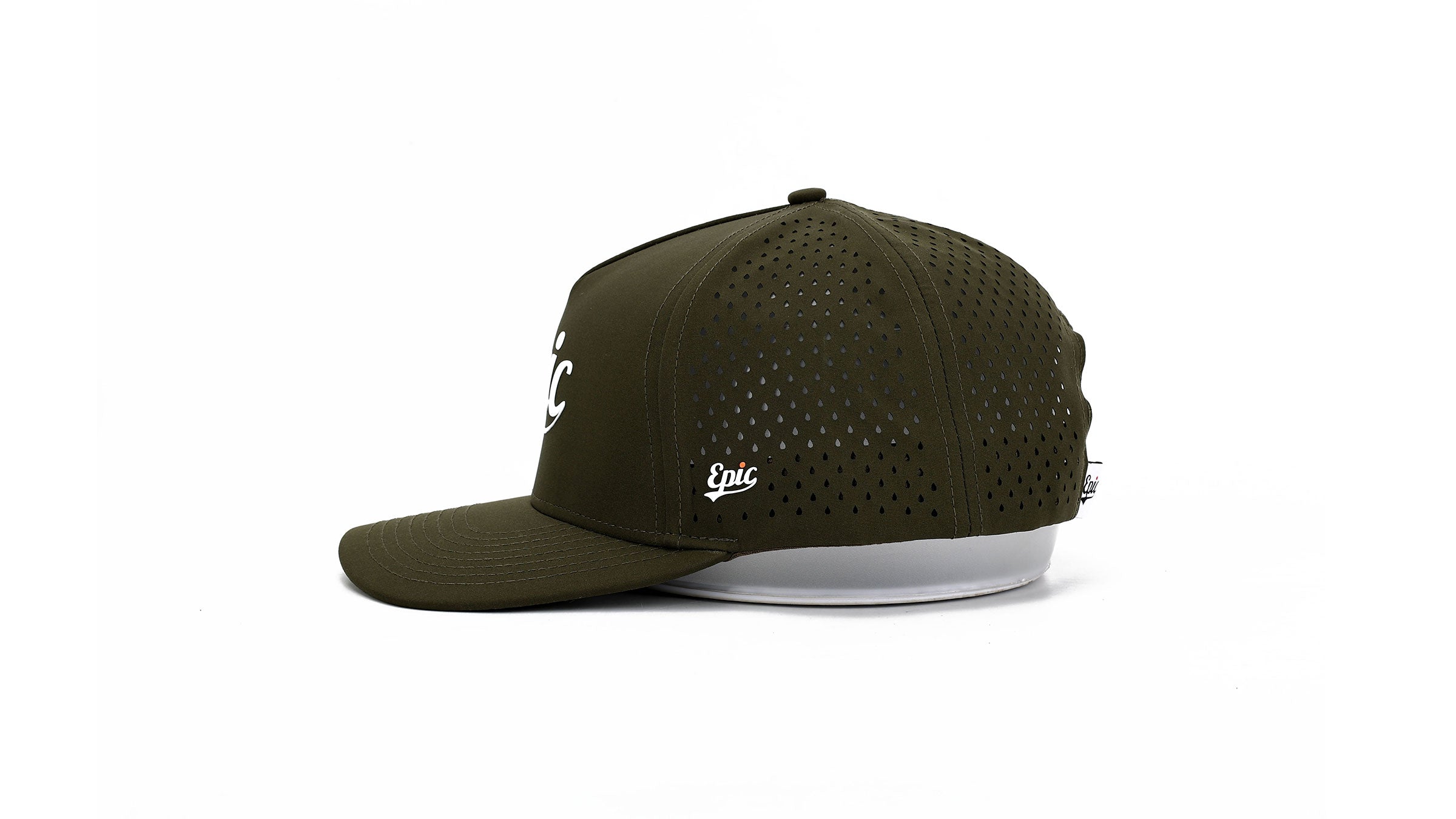 Side view of olive colored trucker cap with white logo on a white background