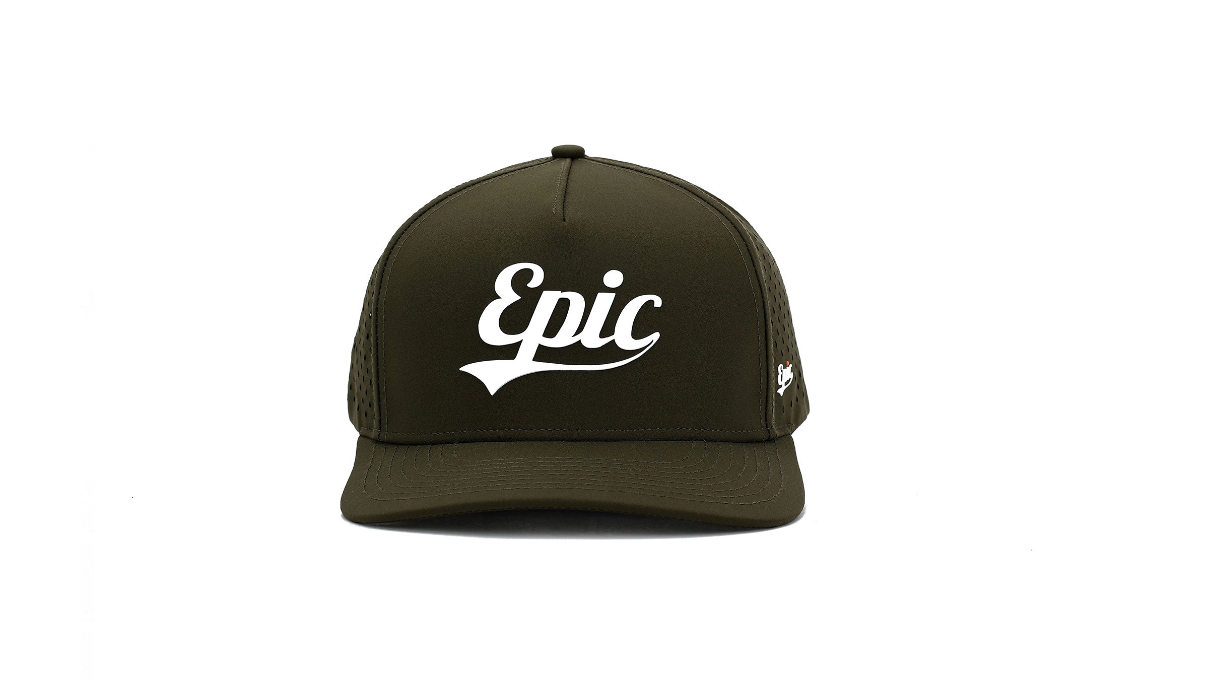Front view of olive colored cap with 'Epic' logo on a white background