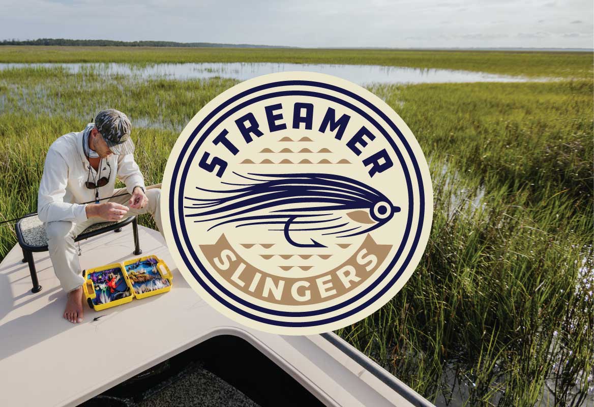 Man choosing fly pattern on a boat with 'Streamer Slingers' logo overlay.