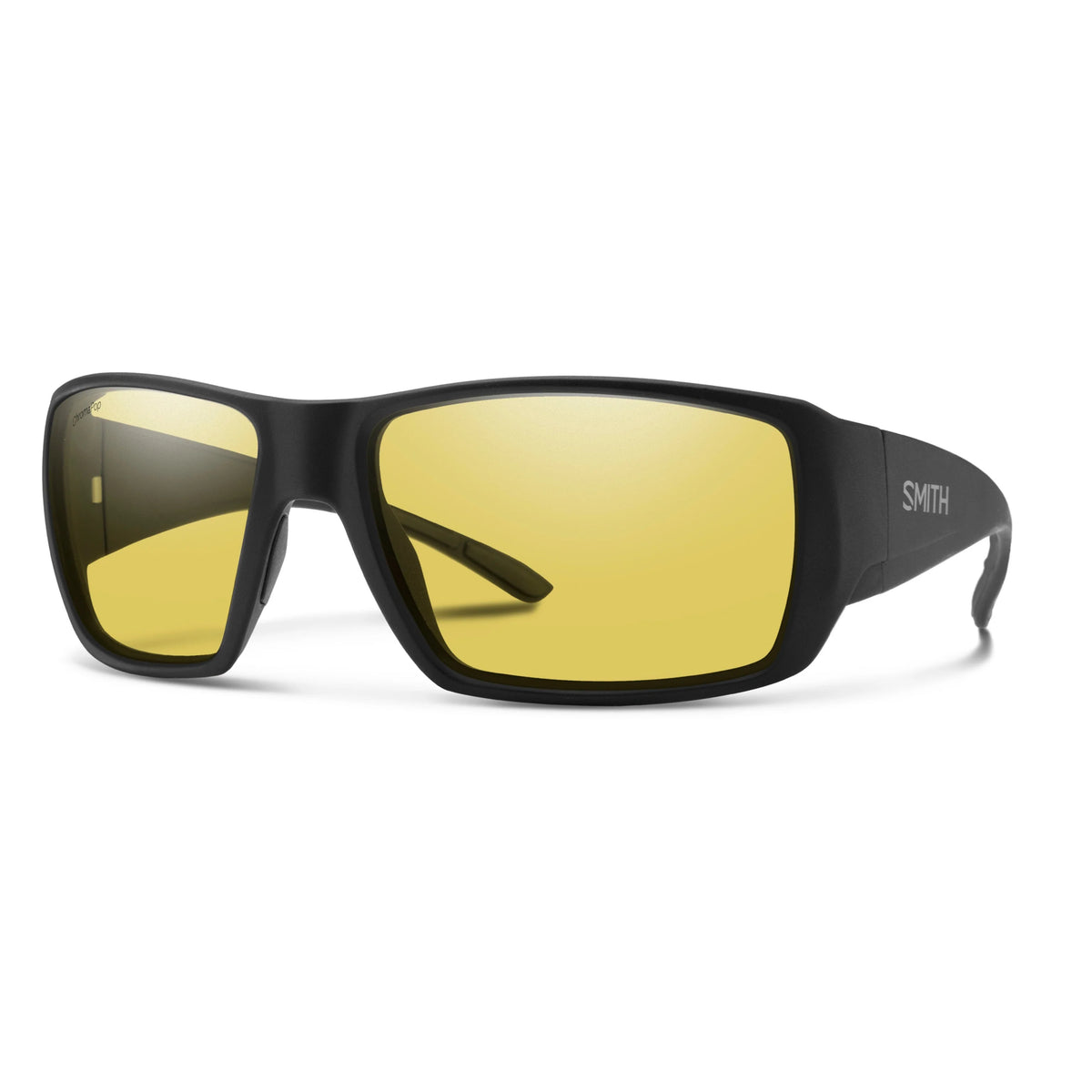 Smith Guides Choice XL sunglasses with low light yellow lenses on white background angled view