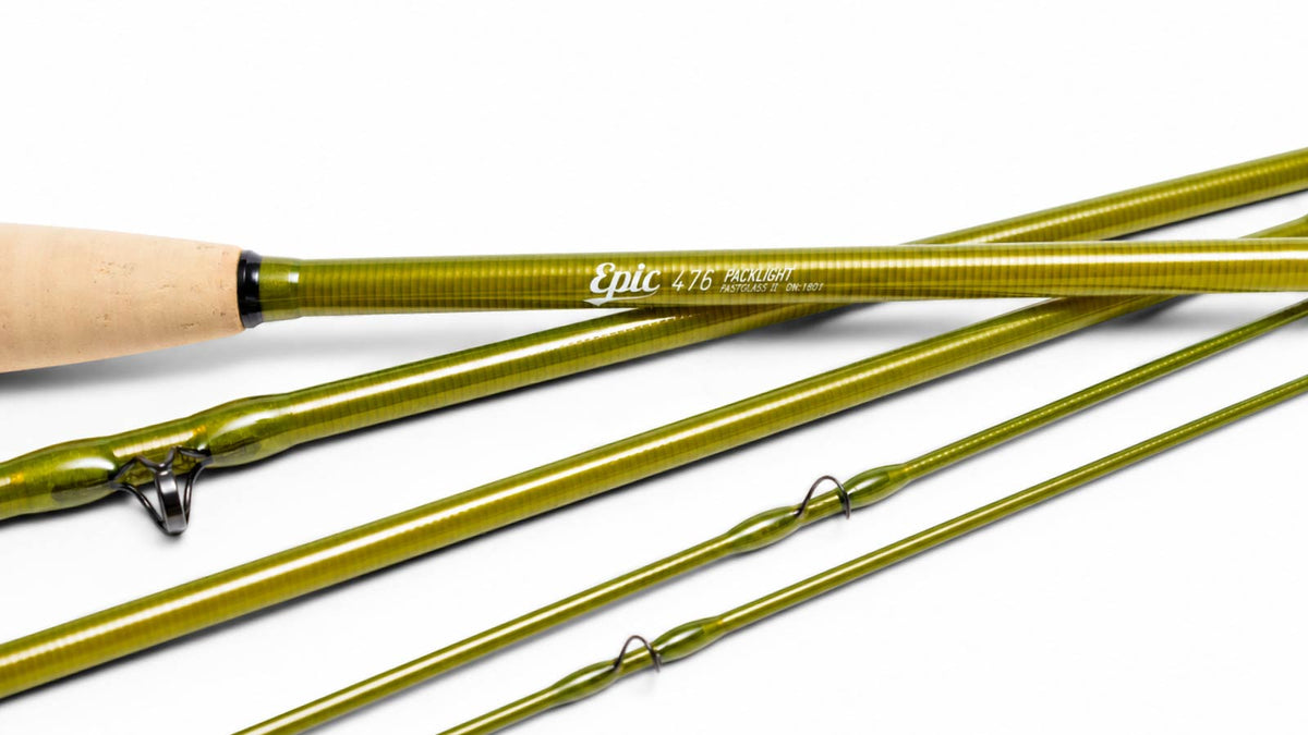 Close-up of epic packlight fly-fishing rod in olive green, a premium cork handle, on a white background. The rod ferrule shows the printed brand logo 'Epic'.