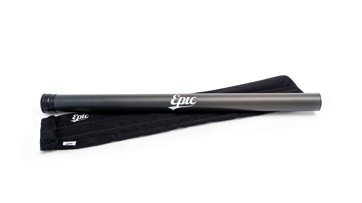 A black Epic carbon fiber fly rod tube and rod sock lying diagonally on a white background.