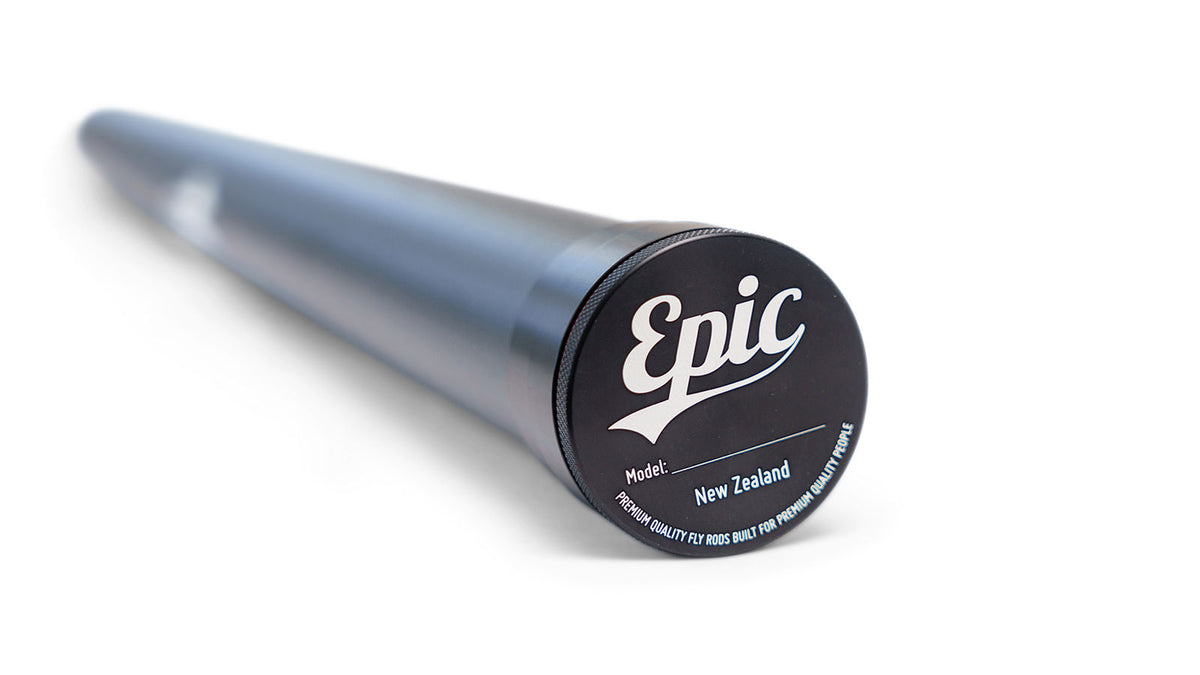 Epic carbon fly rod tube on white background