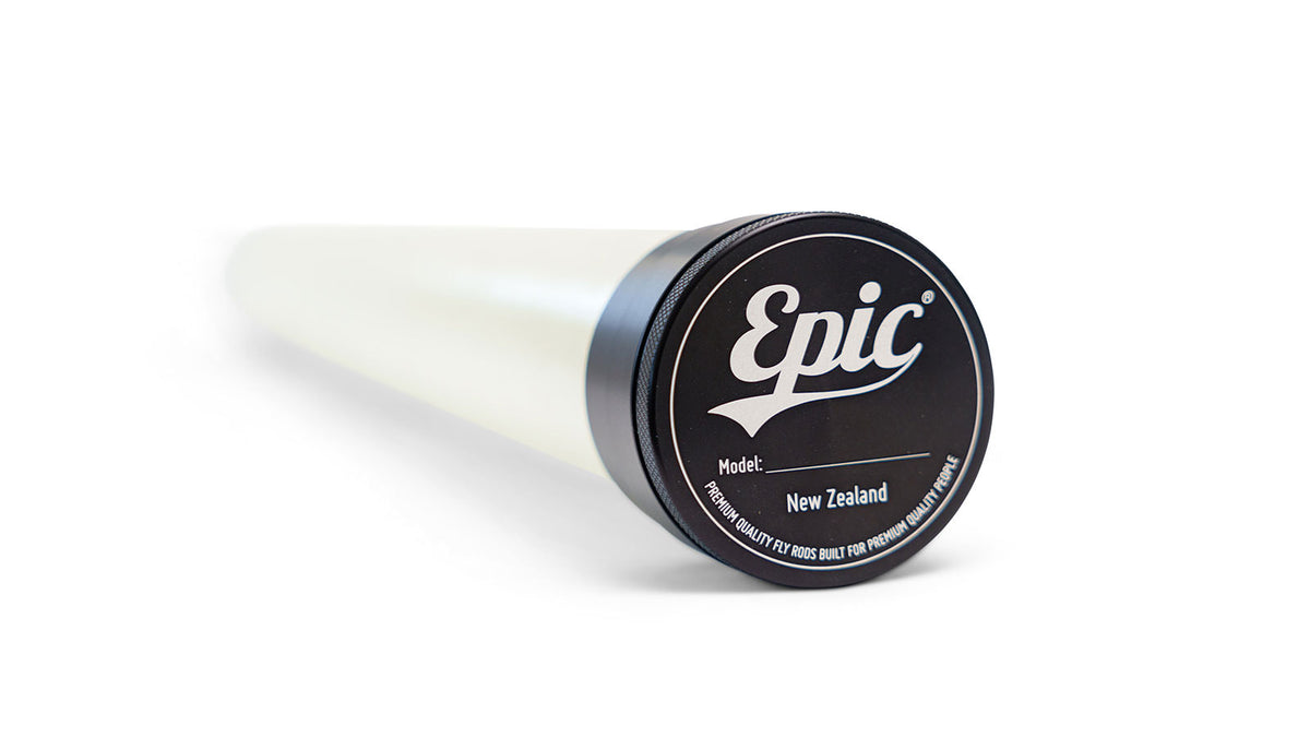 Epic fiberglass rod tube with a black end cap featuring the white 'Epic' logo and 'New Zealand' text, shown on a clean white background.