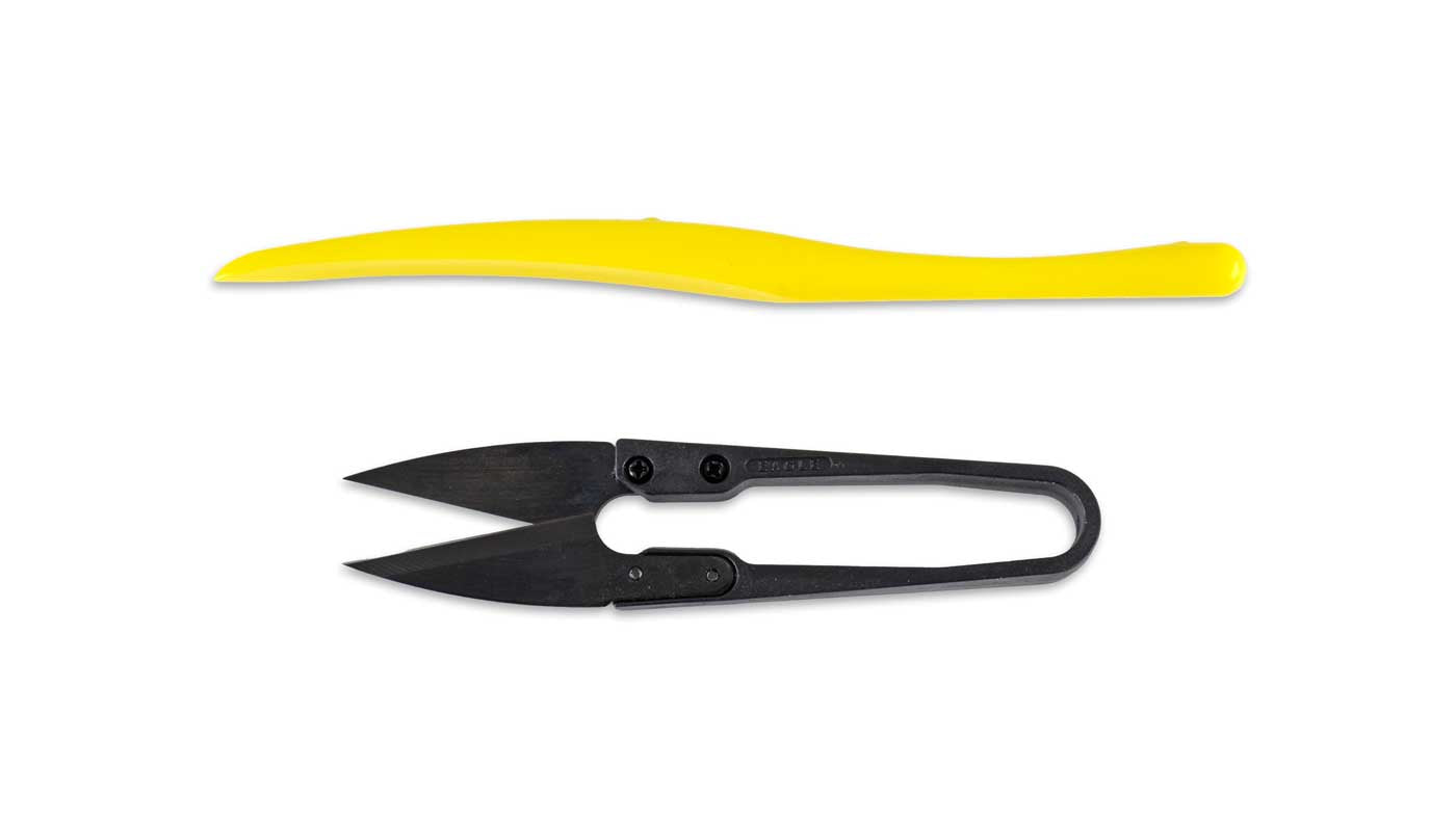 Thread scissors and burnishing tool for fly rod building kits