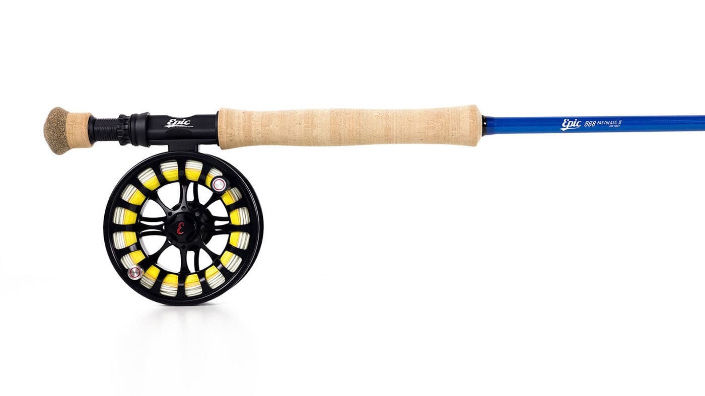 epic 8 weight 888 fiberglass fly rod, backcountry fly reel and FLOR grade cork grip